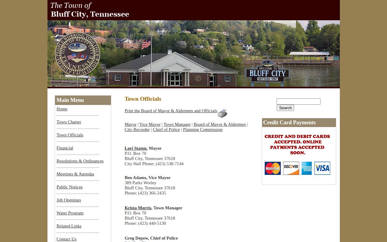 Bluff City Sullivan County town officials and police contact page