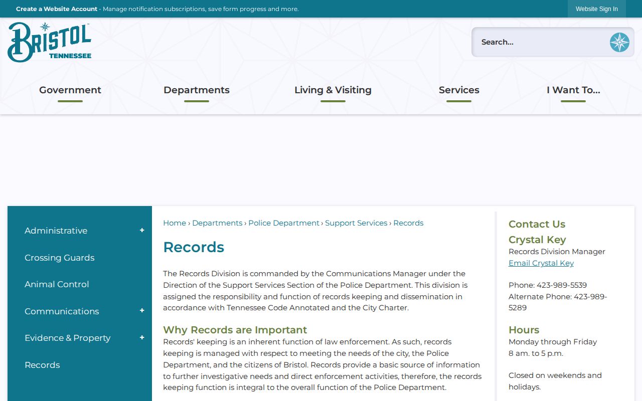 Bristol Sullivan County police records division report request page